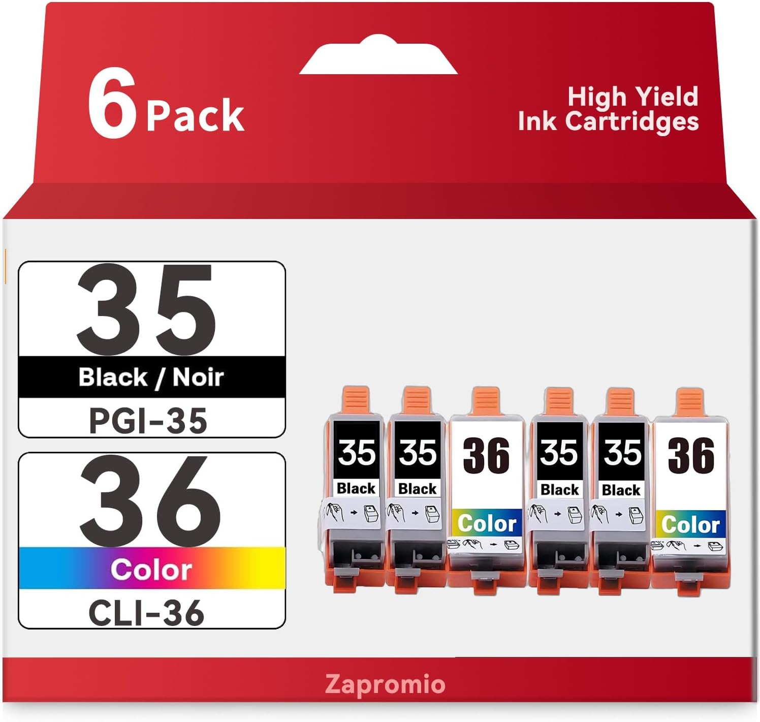 6-Pack PGI-35 CLI-36 Ink Cartridges Compatible for Canon 35 36 Ink Cartridges Combo Pack for PIXMA TR150 IP110 TR152 TR160 mini260 mini320 Printer(4xBlack, 2xTri-Color)