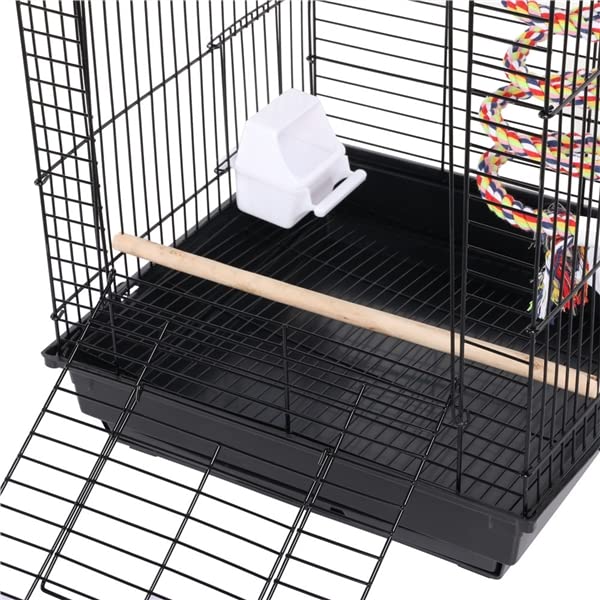 Abician Cage à Oiseaux en Métal pour Petits Oiseaux, Cage à Perruches avec Jouet, Corde à Clochette, 3 Perchoirs, 2 Mangeoirs, 1 Toit Ouvert 40 x 40 x 58 cm Noir