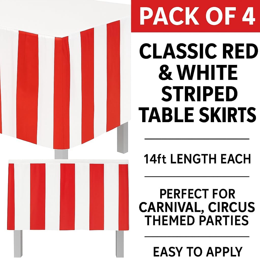 Oojami Pack of 4 Classic Red & White Striped Table Skirts - Perfect for Carnival, Circus Themed Parties, and More - Easy to Apply, 14ft Length Each : Home & Kitchen