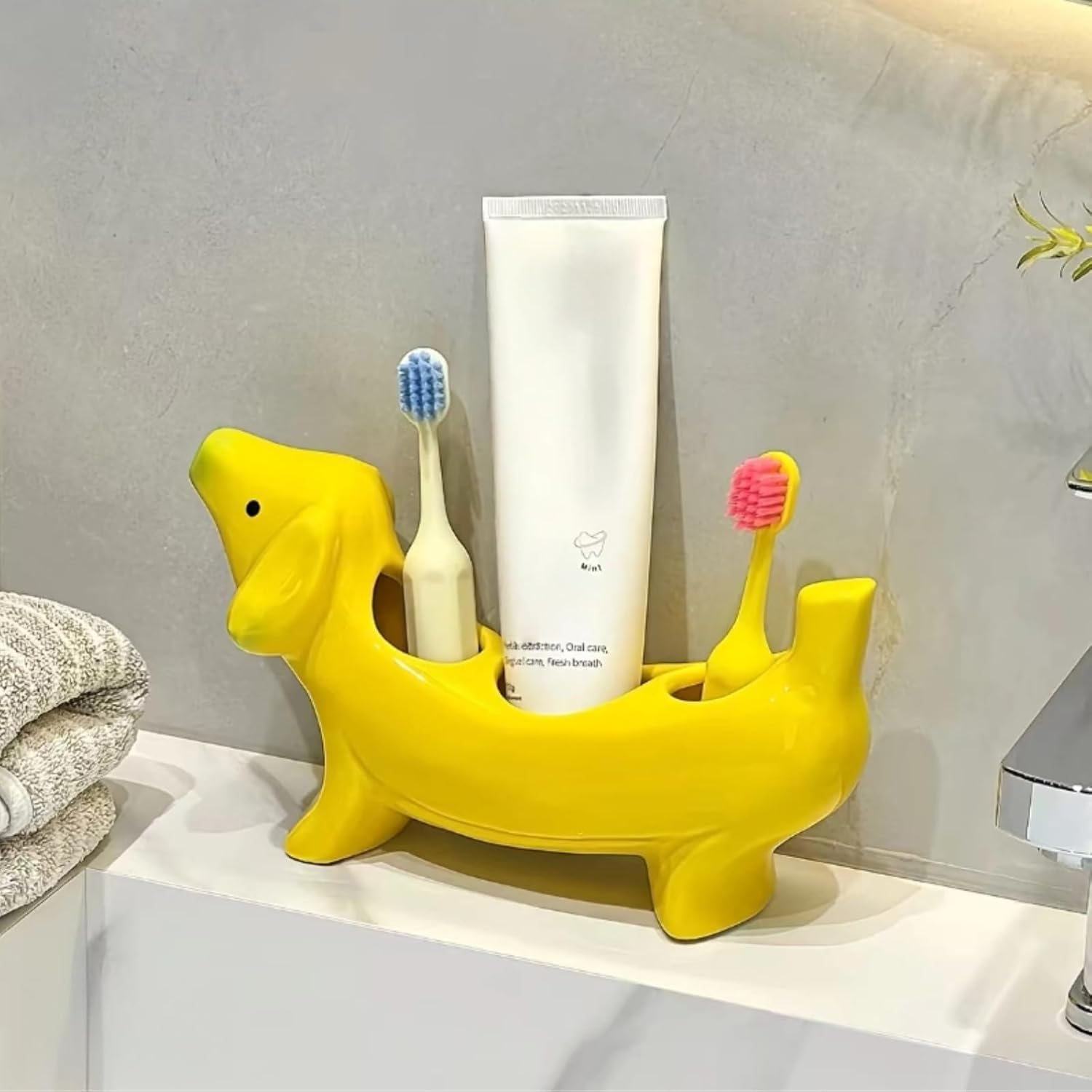 Creative Banana Dog Toothbrush Holder, Ceramic Bathroom Organizer with Toothbrush Stand, Whimsical Countertop Accessories for Bathroom, Novelty Home Deco (Banana Dog)