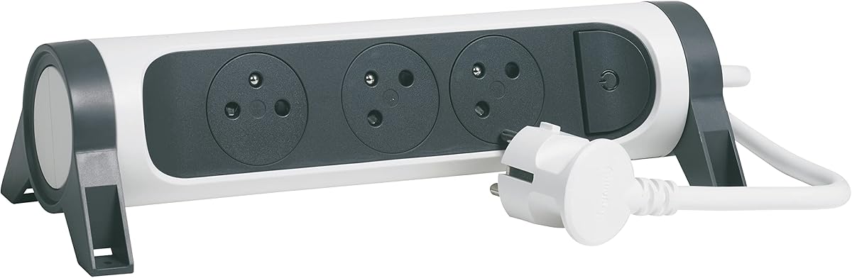 LEGRAND - Multiprise Rotative Avec Interrupteur à Voyant LED - 3 Prises Surface avec Terre - Cordon 1,5m - Blanc et Gris Foncé