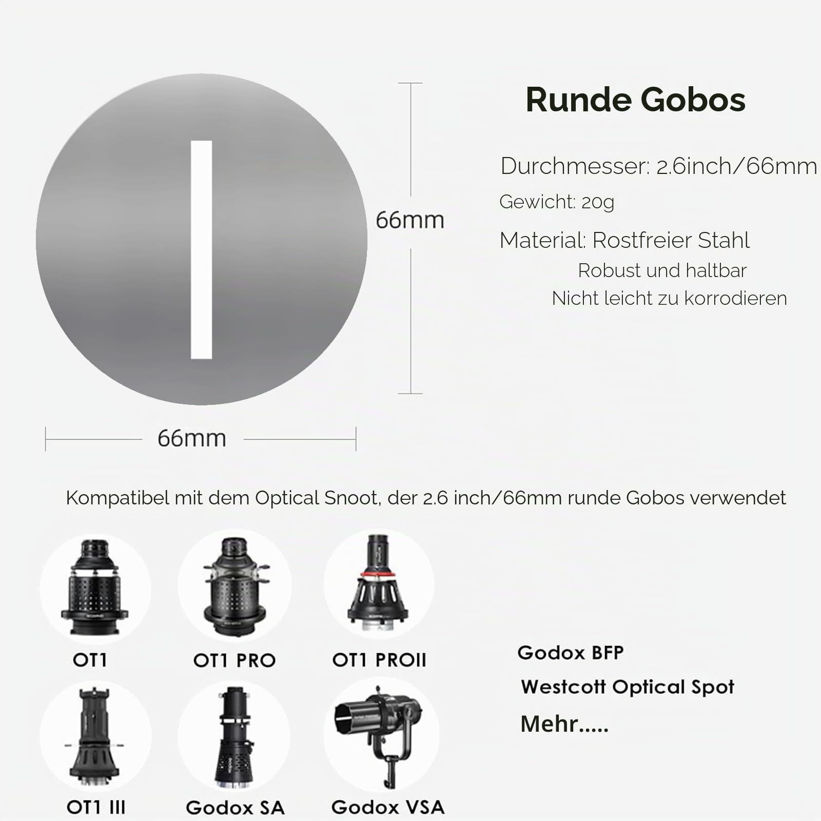 Rundes Gobos-Set für optischen Snoot, 66 mm, Metallplattenmuster für Scheinwerferbefestigung, kompatibel mit Godox BFP/MLP/OT1/OT1 Pro/II/Westcott Optical Spot/Aputure SE, für Portraits/Produkt