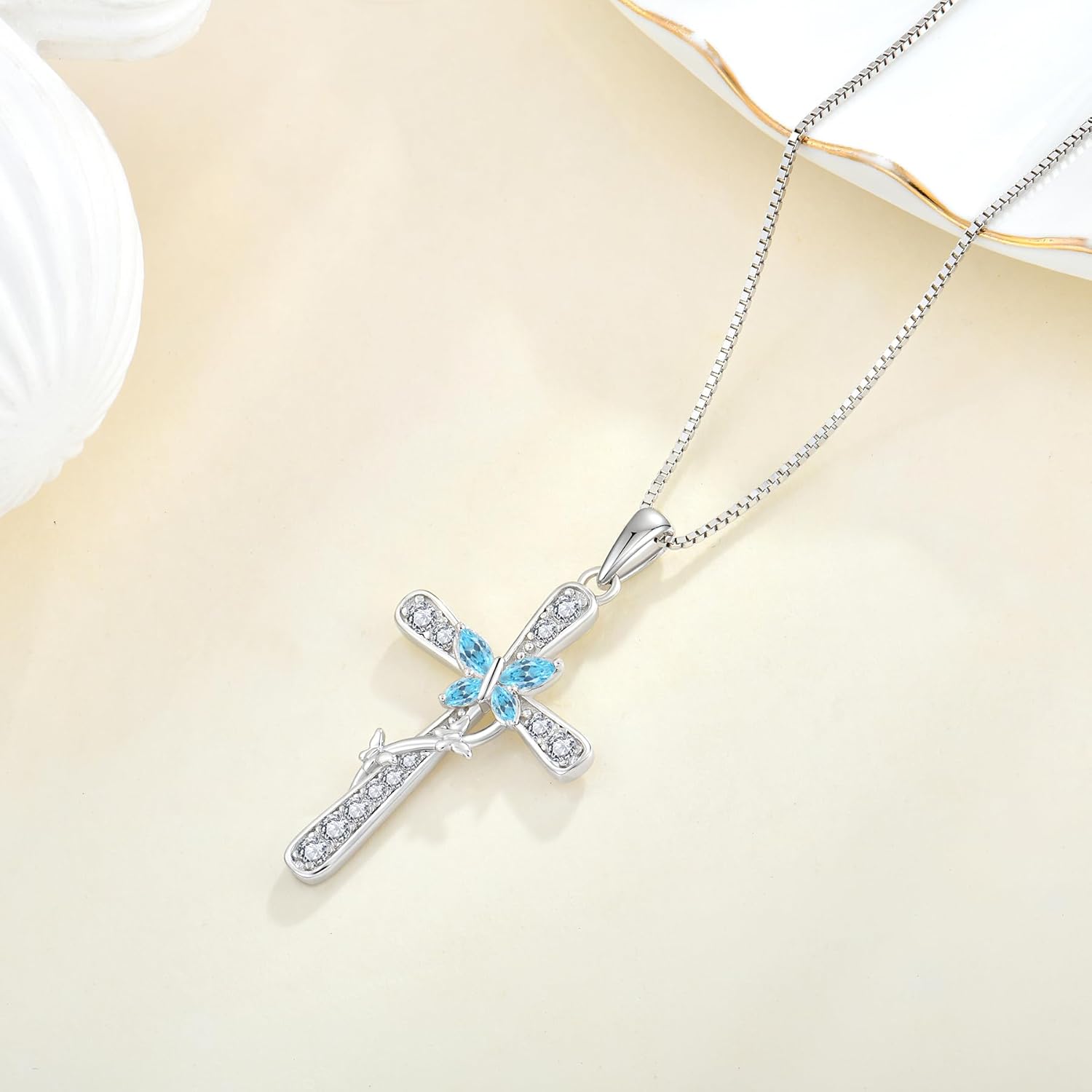 Women Butterfly Cross Necklace 925 Sterling Silver Crucifix Pendant Birthstones Jewelry Christmas Birthday Gift for Mom Wife Lover - Image 3