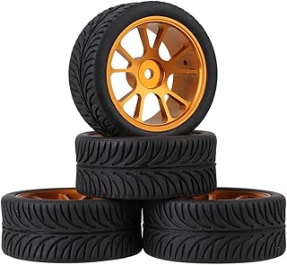 Mxfans RC 1:10 On-Road Racing Car Black Leaves Pattern RC Rubber Tyre & Gold Aluminum Alloy 10-Spoke Wheel Rims Pack of 4 - coolthings.us