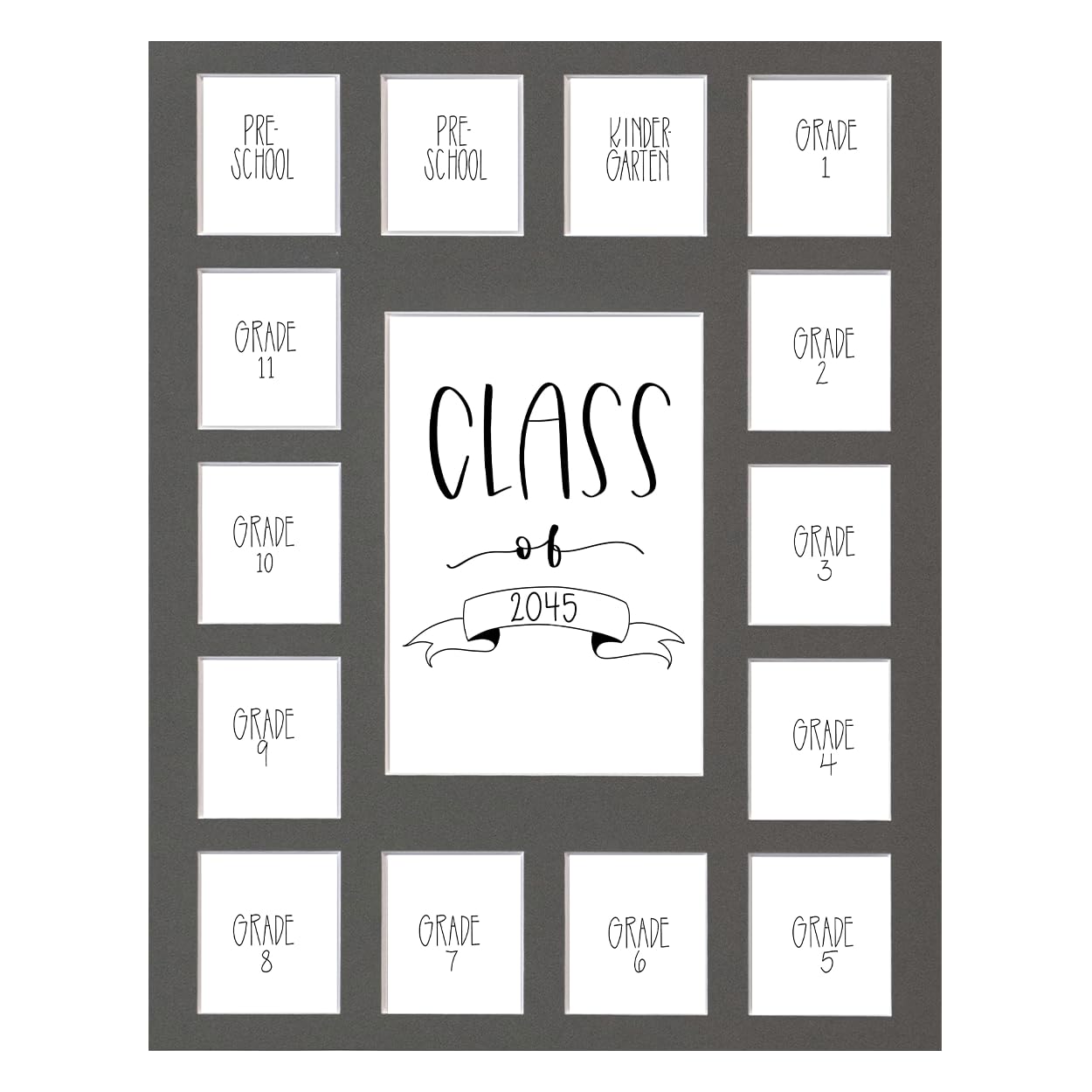 Rustic Red Door Co. RRD Class of 2045 Photo Mat (11 x 14) - Photo Collage Picture Frames Mat for School Pictures School Picture Frame Pre-K to 12 Mat - No Frame Gray Photo Mat (15 Photos)