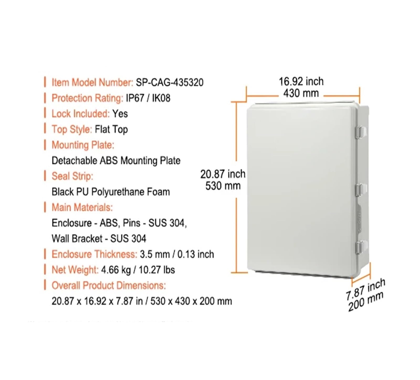 Elektrischer Anschlusskasten for den Außenbereich, ABS-Kunststoff und Scharnierdeckel, Edelstahl-Verriegelung, IP67, wasserdicht, for elektrische Projekte(530 x 430 x 200 mm)