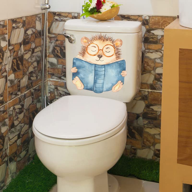 Cartoon Hedgehog Book Toilet Cover Sticker Decals,Glasses Flower Leaf Waterproof Toilet Lid Tank Seat Decals Cistern Self-Adhesive Bathroom Wall Sticker