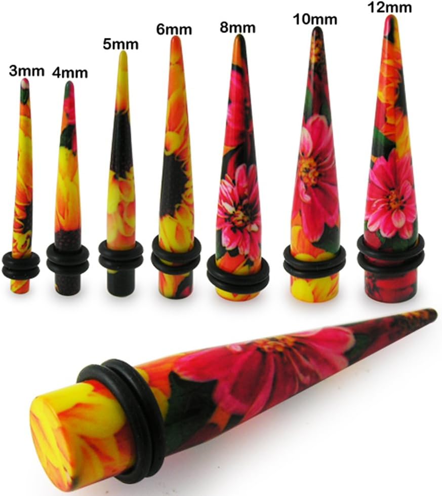 Colorful Yellow Flowers Pattern UV Acrylic Straight Tapers - Expander - Stretching - Gauge Ear Plug Body Piercing Jewelry