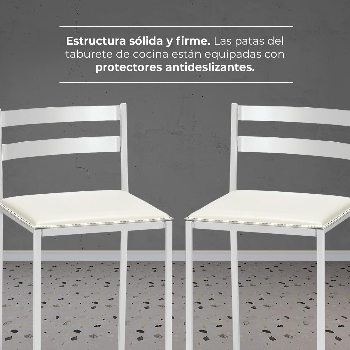 2 Taburetes de Cocina con Respaldo bajo, Franjas horizontales y Asiento tapizado - Estructura Color Blanco - Asiento en Polipiel Blanco