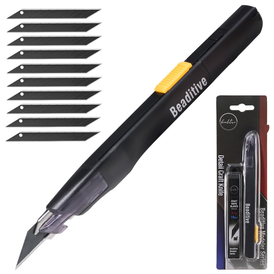 Beaditive High Precision Detail Craft Knife with 10 Blades - 30 Degree Blade Utility Knife - Art, Craft, Model Making (1 Black Knife, 10 Black Blades)