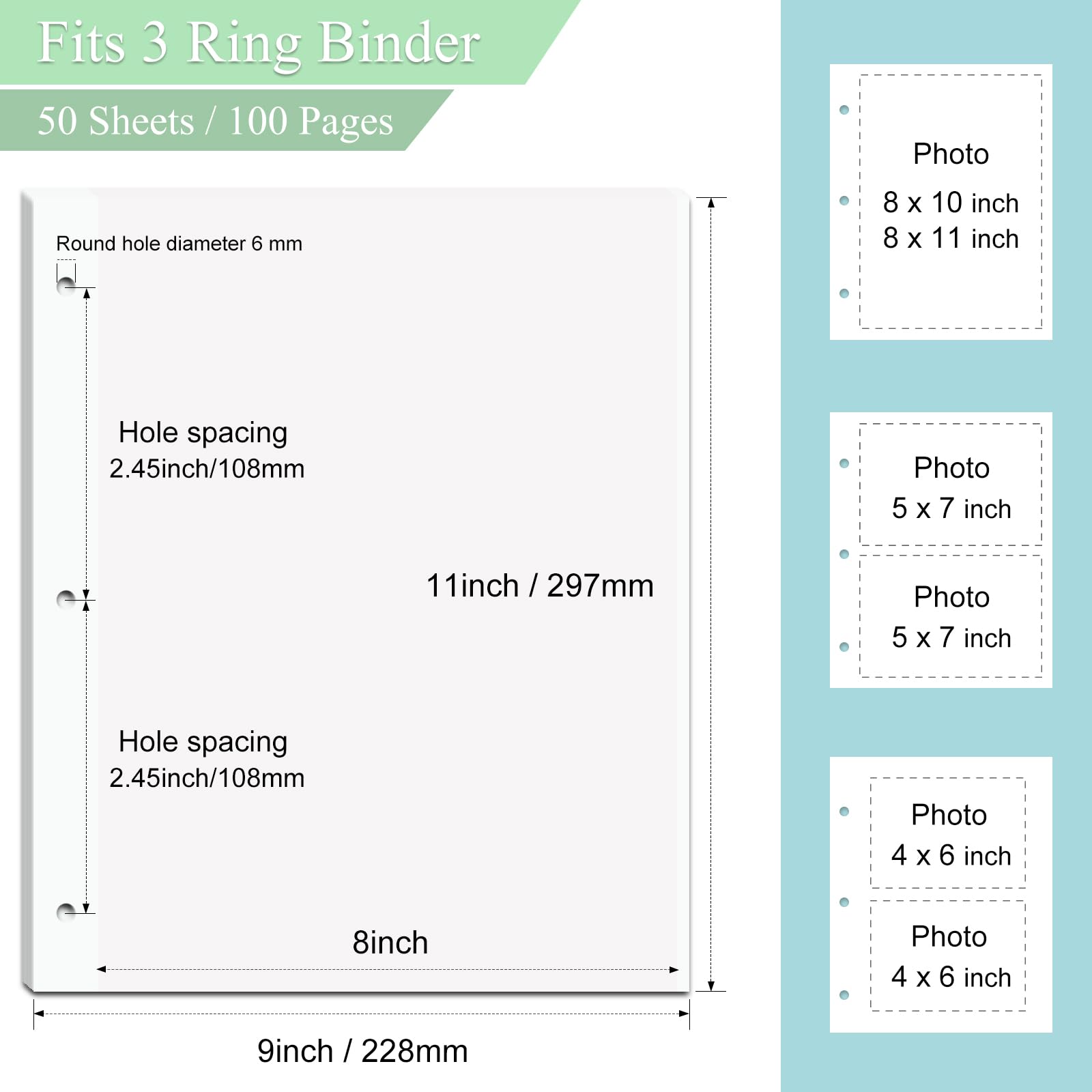 Dxmimer 11 x 9 Inch Photo Album Refill Pages,Album Pages for 3 Ring Binder,Photo Album Self Adhesive Pages, for 2x3 4x6 5x7 8x10 Replacement Photo Album Sheets (50 Sheets / 100 Pages)