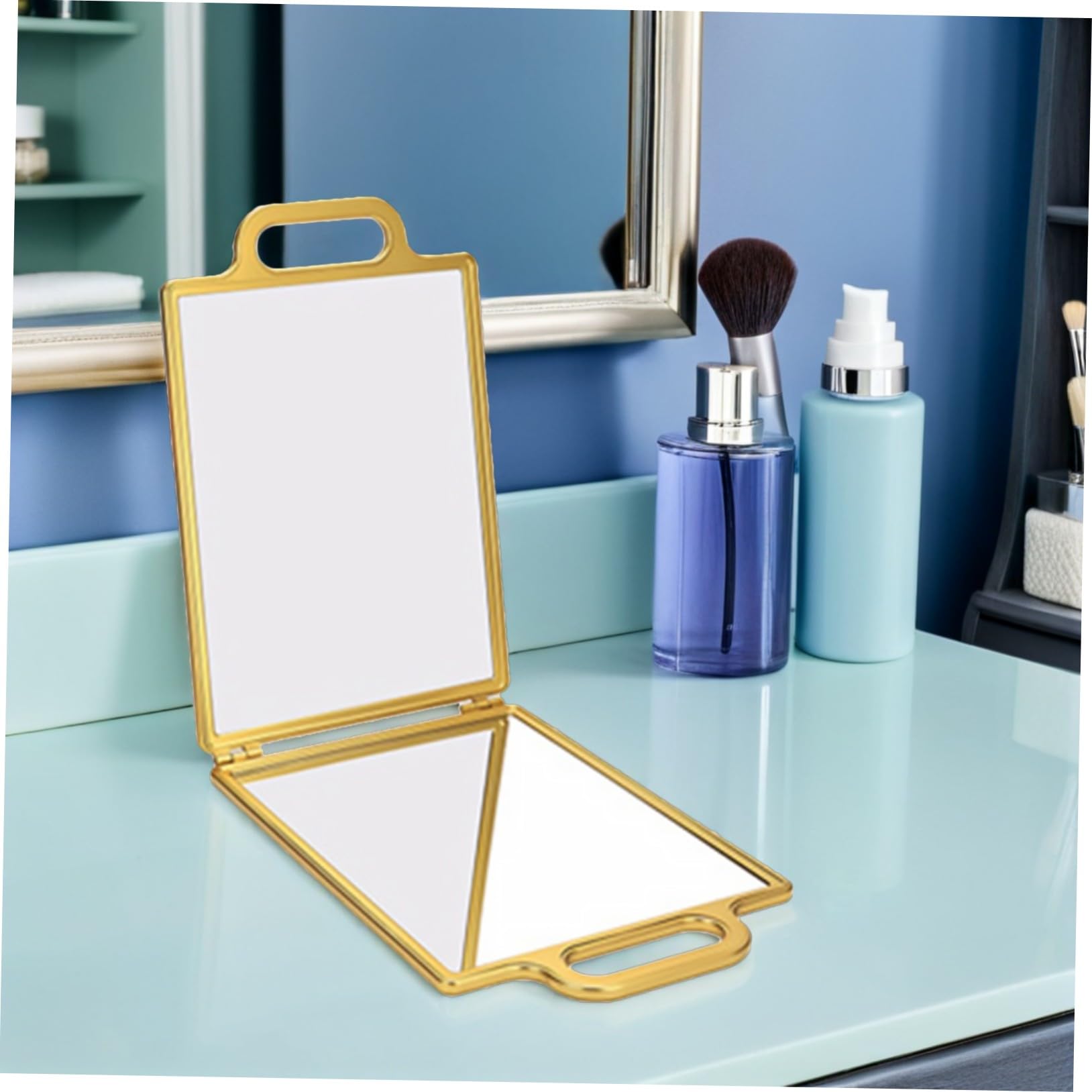 SHERCHPRY Faltbarer doppelseitiger Friseurspiegel Gold Tragbarer Handspiegel Kompakt für Styling Makeup Frisur Kontrolle Reise Zubehör