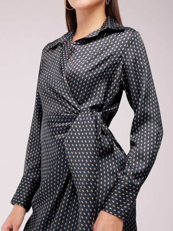 Image of FableStreet Women's Casual Shirt Collar Printed Polyester Midi Dress