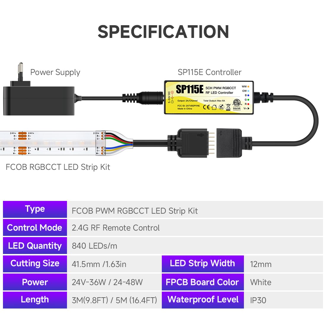 BTF-LIGHTING FCOB COB Tira LED RGBCCT Kit Completo 24V 5m 840LEDs/m | 3000K-6000K Cambio de Color, Alta Densidad Cinta LED Flexible con Controlador SP665E y Fuente de Alimentación