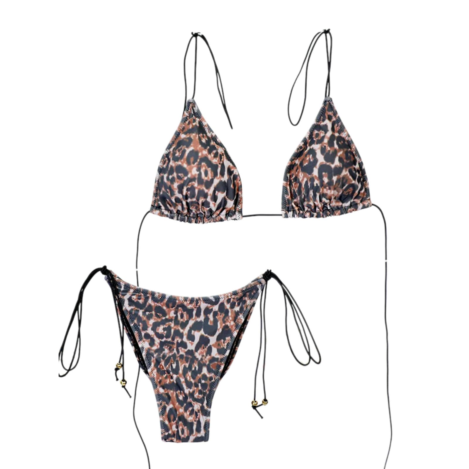 Damskie trójkątne bikini z poliestru i elastanu | Trójkątne bikini typu halter ze złotym krawatem z koralików