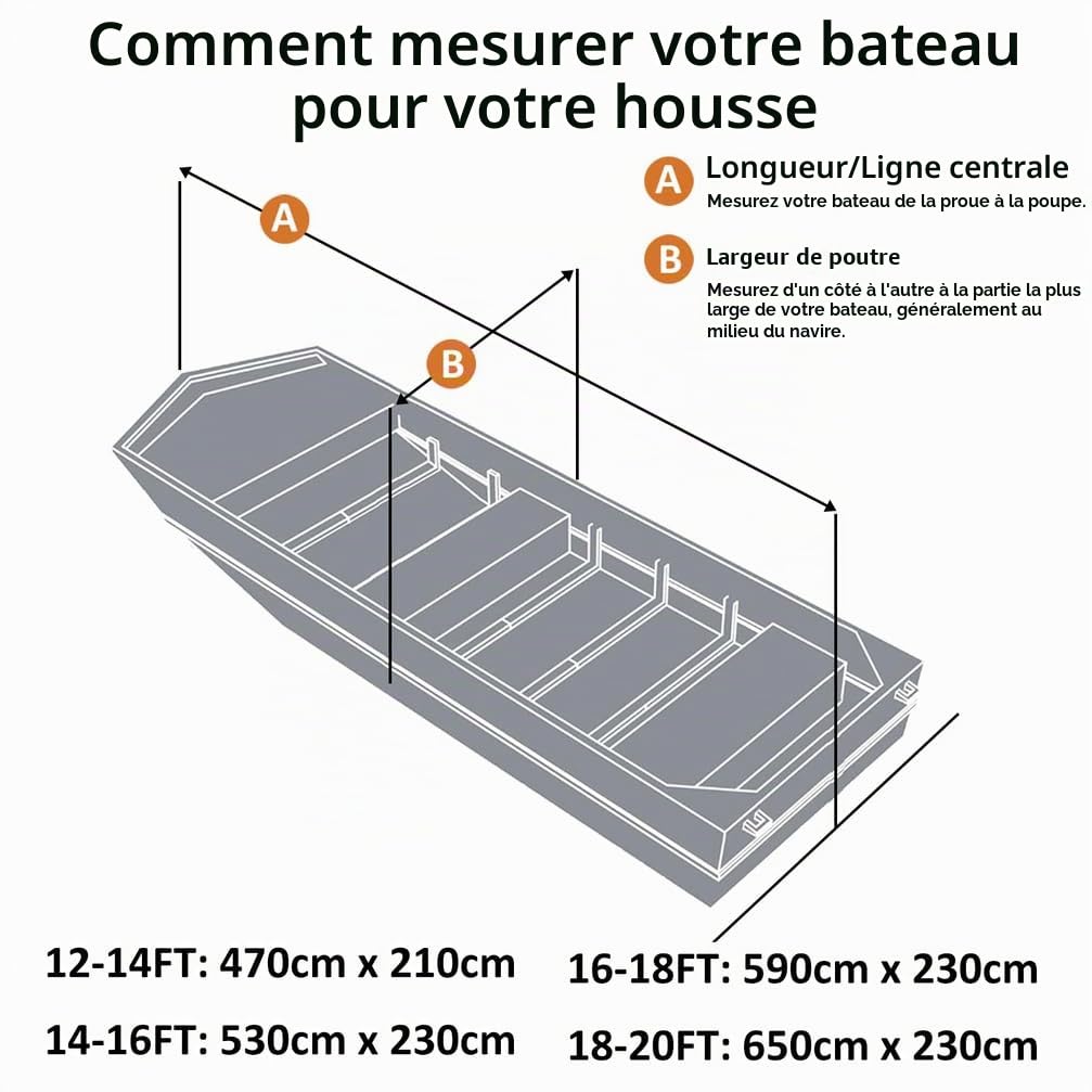 Housse de Bateau Jon 420D - Bâche pour Bateau à Fond Plat UV-Protection Imperméable & Antivent,Gris,12~14FT: 470cm x 210cm