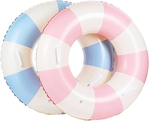 Miniatura 5 de Flotadores inflables de piscina para adultos, paquete de 2 flotadores a rayas, tubos de piscina, anillos de natación con asas, flotador inflable de