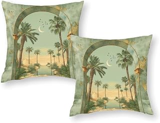 2 Packs Stone Arch Throw Pillow Covers for Living Room, Tropical Desert Lake Moon Bird Tree Jungle Pillow Covers Cushion Case for Couch Sofa Bed, 12x12 inch
