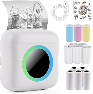 Mini Printer, Portable Printer with 13 Rolls Printing Paper, Wireless Sticker Printer Bluetooth Pocket Inkless Thermal Photo Printer with Light for Printing Logo, Notes, Journal, Memo (WHITE)