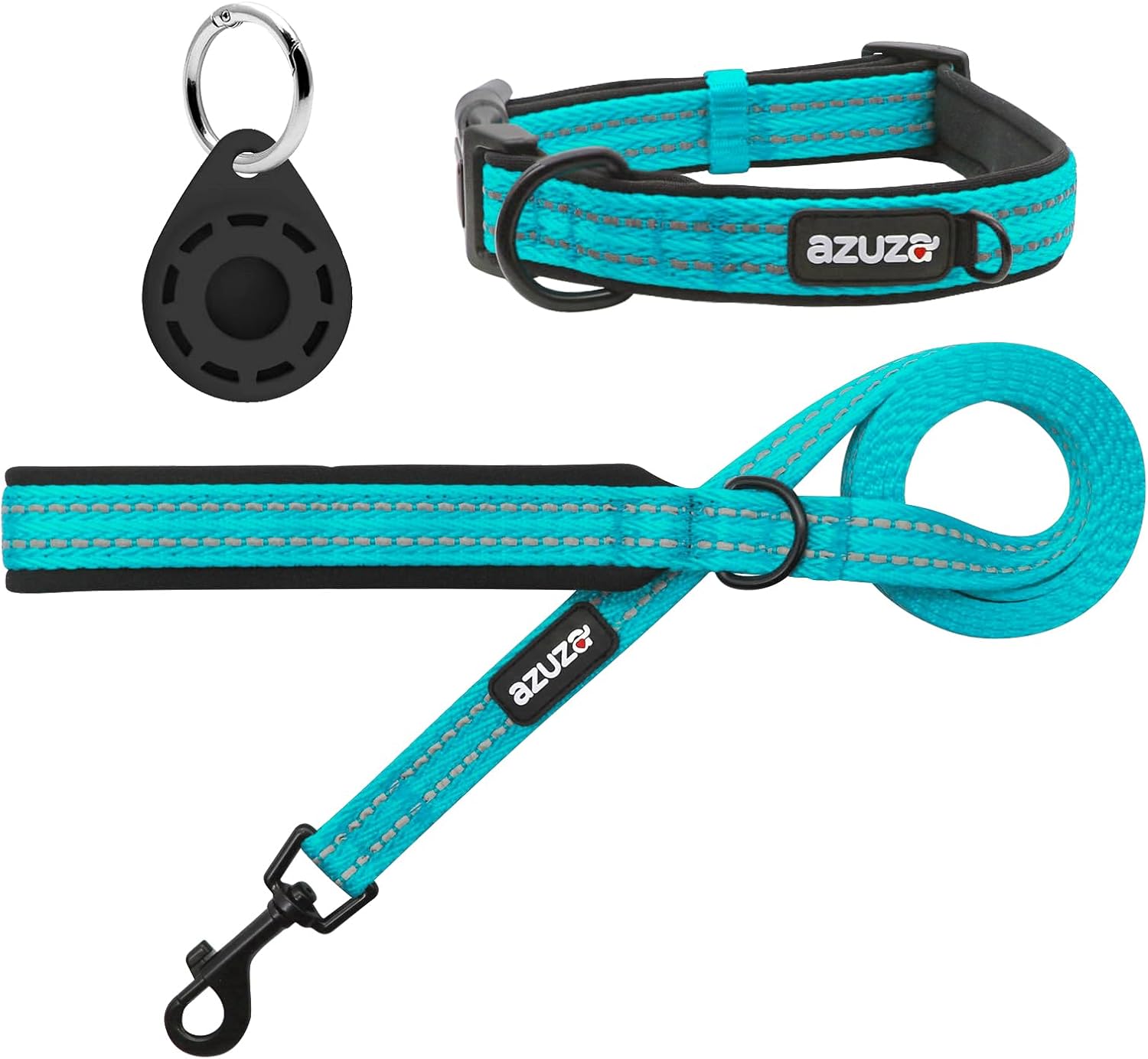 azuza Durable Padded Dog Leash and Collar Set, with Airtag Holder and Reflective Strip, Extra Safe and Comfy for Medium Dogs,Blue