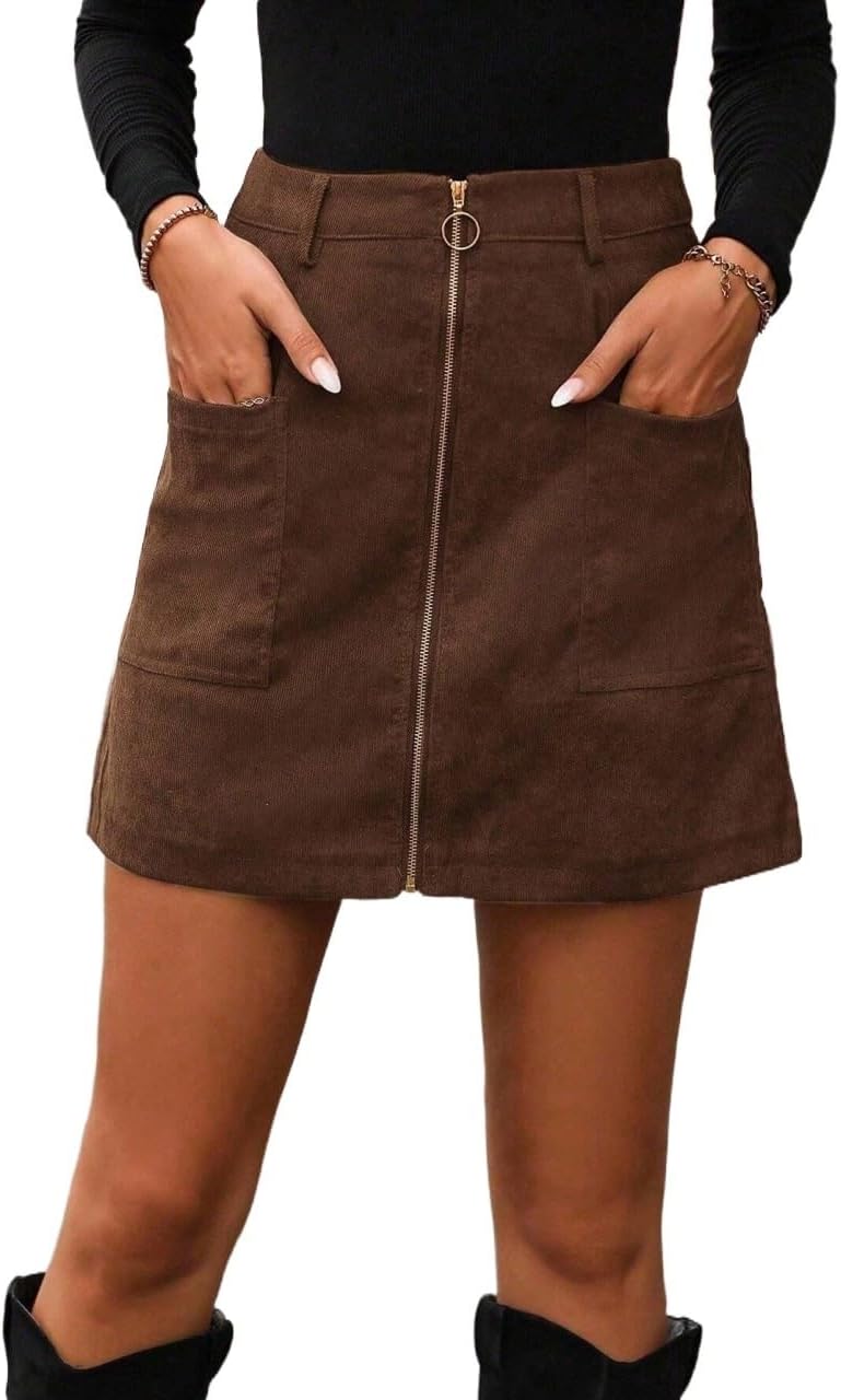 Womens Casual Zipper Corduroy Skort with Patched Pocket Short Skirt for Everyday Wear