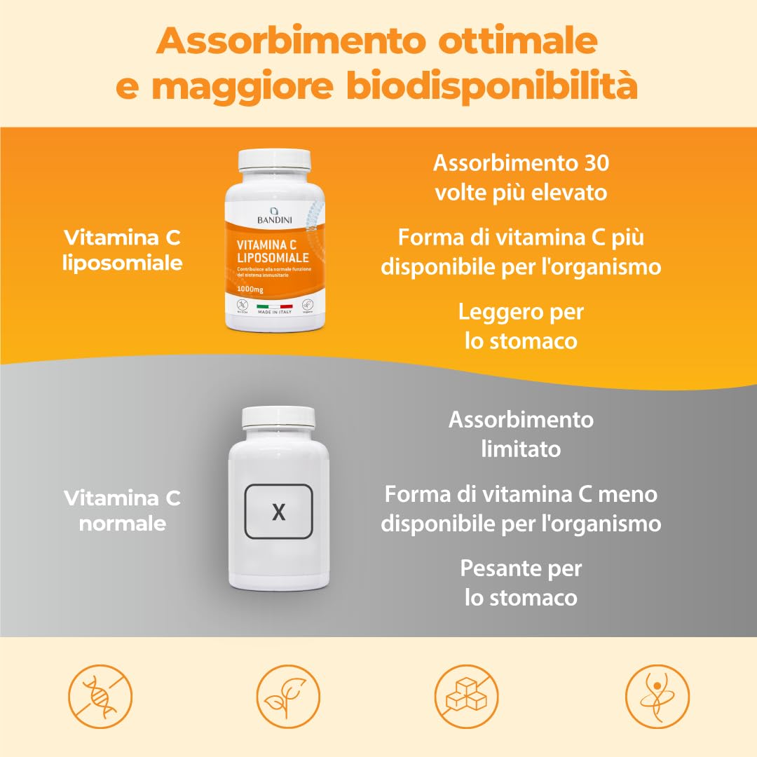 Bandini® Vitamina C Liposomiale 1000mg, 3 mesi, Vegana | Vitamine 100% Vegan ad Alto dosaggio | Sistema Immunitario, Ossa, Cartilagini, Pelle, Denti, Stanchezza | Vit Pura Acido Ascorbico 180 capsule
