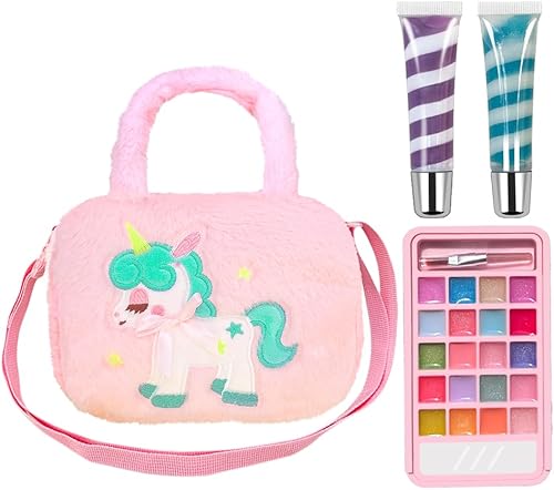 Juego de maquillaje de unicornio para niñas, no tóxico, lavable, kit de cosméticos para niños con bolsa de unicornio, juguetes de maquillaje de