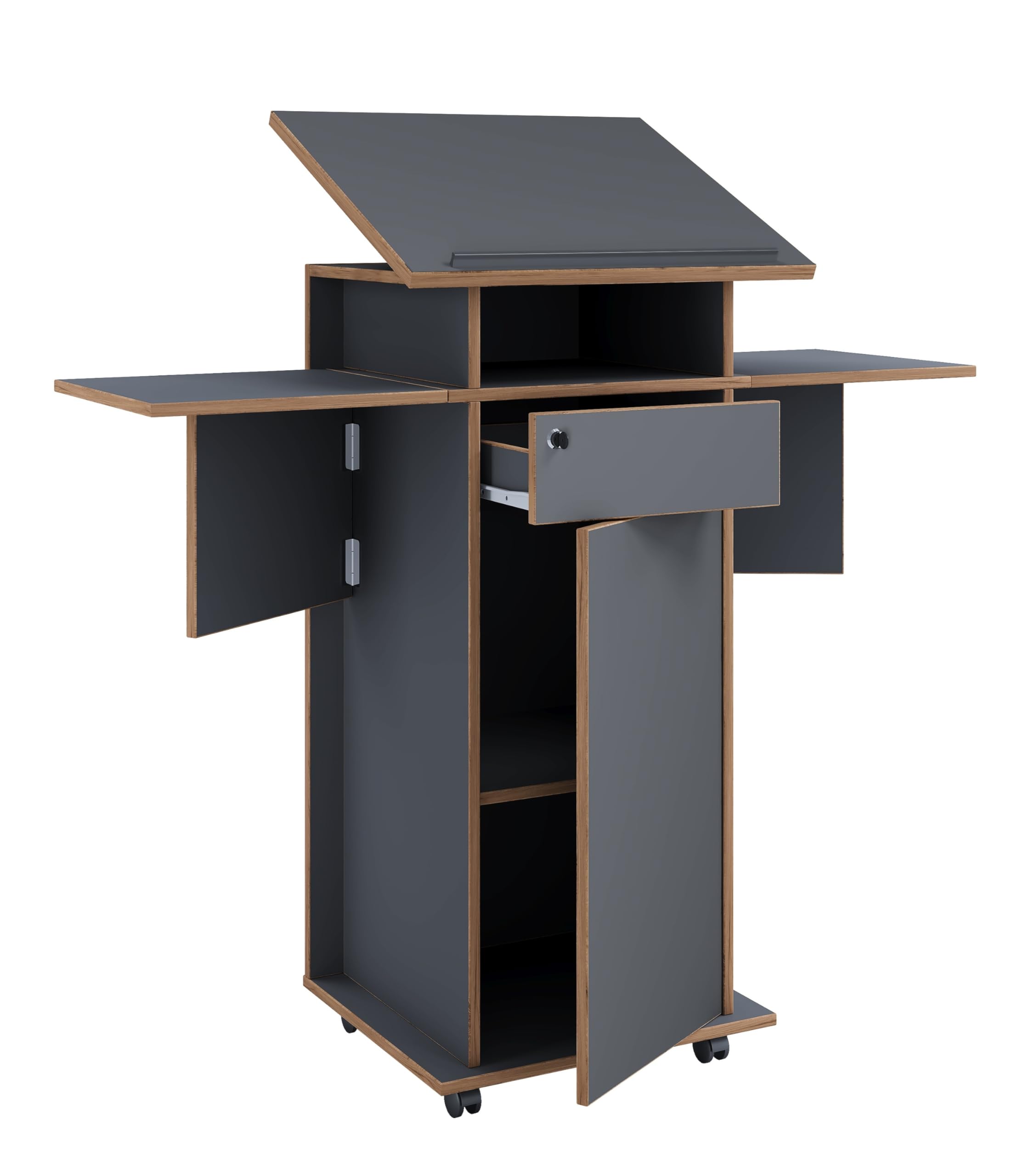 VCM Holz mobiles Rednerpult | Maße ca. H. 107 bis 128 cm x B. 60 bis 123 cm x T. 44 cm | rollbar mit Schublade | Stehpult | Stehtisch mit Tür - Salia