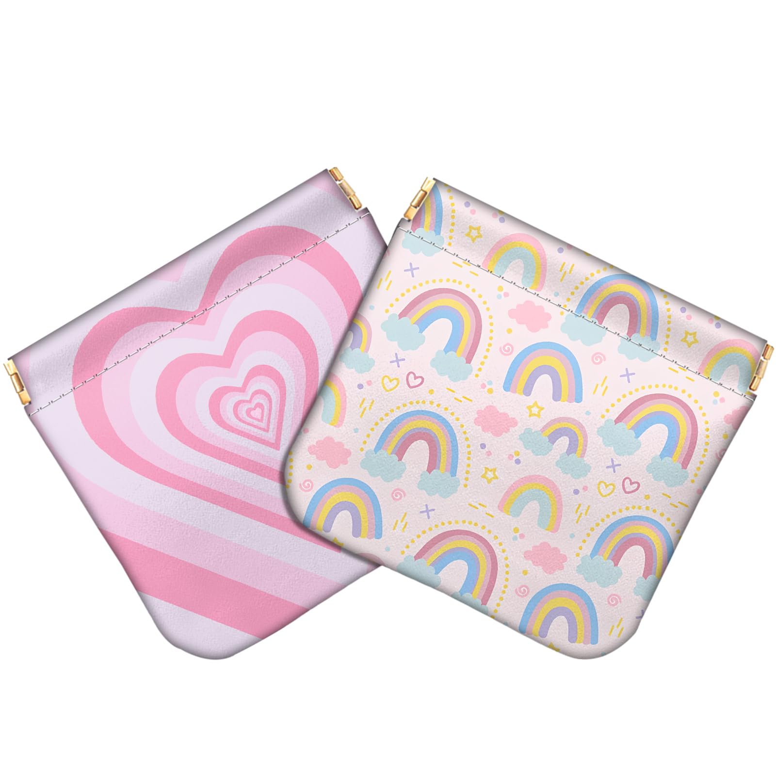 Deokke 2 PCS Coin Purse Pouch Squeeze Soft Leather PU Mini Wallet Small Change Holder Cute Aesthetic for Women Girls Men-Heart Rainbow