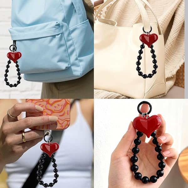 Red Heart Phone Charm Strap Black Beaded Phone Lanyard Cute Bag Charms for Handbags Cellphone Chain Wristlet Heart Bag Charm Purse Keychain for Women Cellphone Keychain Beaded Camera Wrist Strap - 5