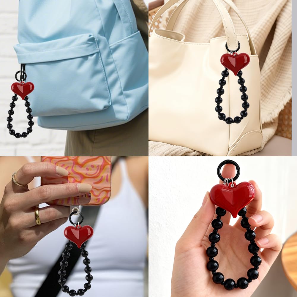 Red Heart Phone Charm Strap Black Beaded Phone Lanyard Cute Bag Charms for Handbags Cellphone Chain Wristlet Heart Bag Charm Purse Keychain for Women Cellphone Keychain Beaded Camera Wrist Strap — view 5