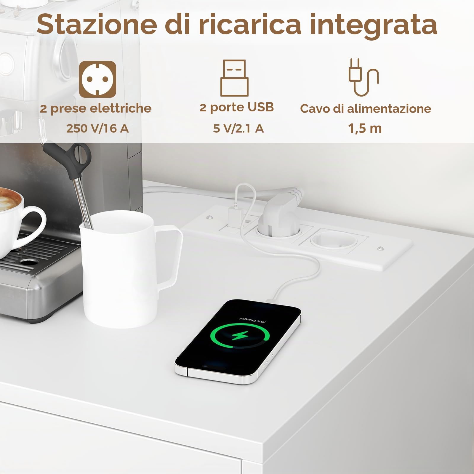 BEWISHOME Credenza Cucina, Credenza Soggiorno, Presa con Elettrica Bianco | 140×80×40cm Mobile cucina con 2 Cassettie 4 Ante Mobile Buffet Ripiani Regolabili Stile Modernoper Ambiente Pranzo Soggiorno