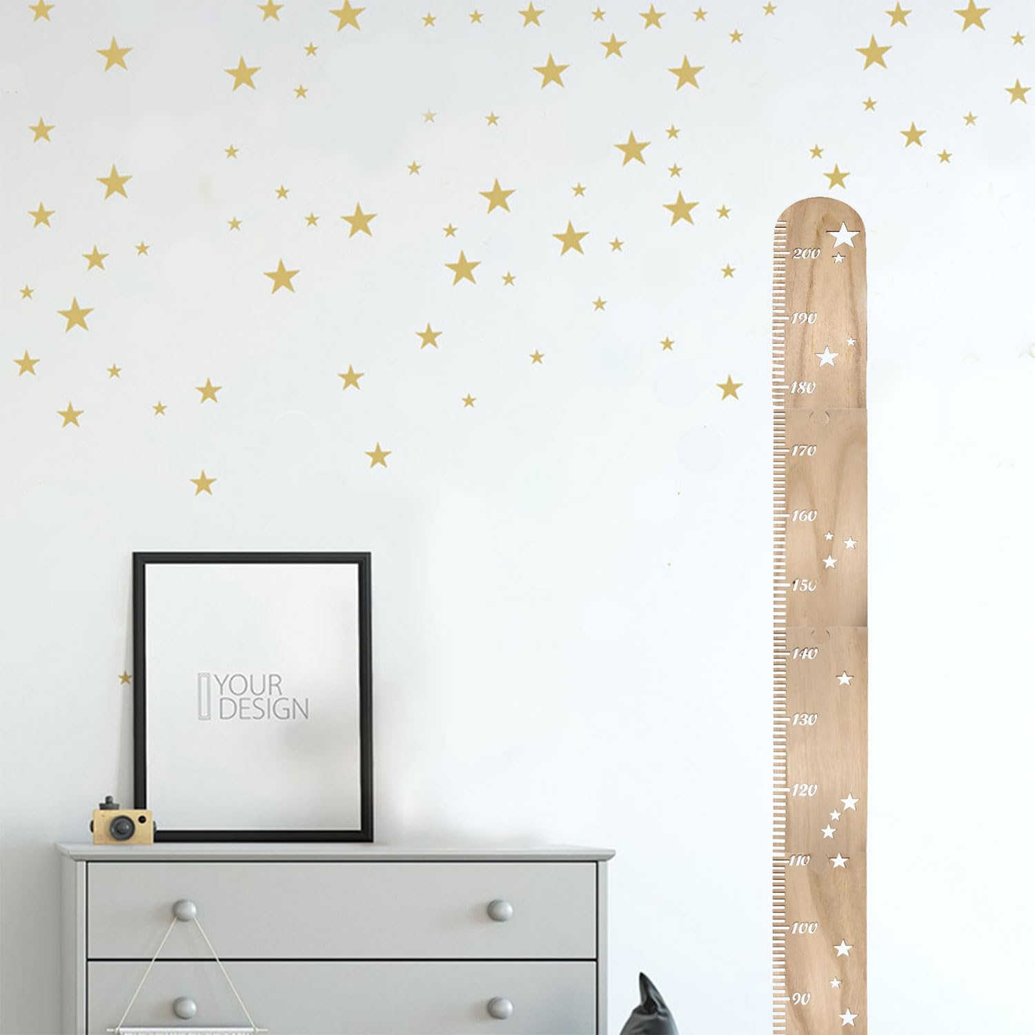 Lucywey Tabla de altura de madera para niños con pegatinas de pared de estrellas, tabla de altura de madera para habitación de bebé, tabla de altura para decoración de pared