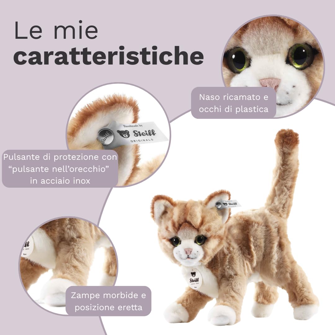 Steiff Peluche Gatto Mizzy, dolce animale di stoffa con occhi in plastica per bambini e bambine, pupazzo di 25 cm, beige, 099342