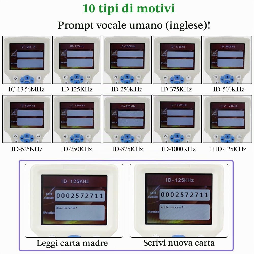 Inglese Rfid NFC Copier Reader Writer Duplicatore 10 Programmatore di frequenza con Schermo a Colori + 5pcs EM4305 Card + 5pcsT5577 Keyfob + 5Pcs UID Keyfob