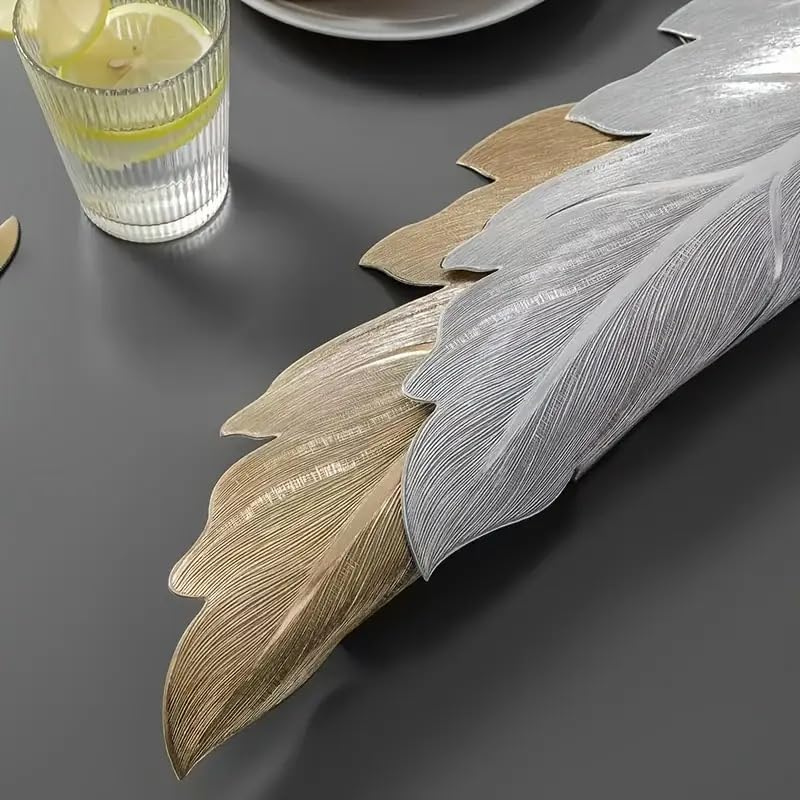 Image of Dakshya Industries Set of 2 PVC Waterproof Leaf Design Table Placemats | Premium Gold Finish Dining Table Mats | Heat Resistant, Washable & Anti-Slip | Decorative Kitchen & Dining Mats (Silver)