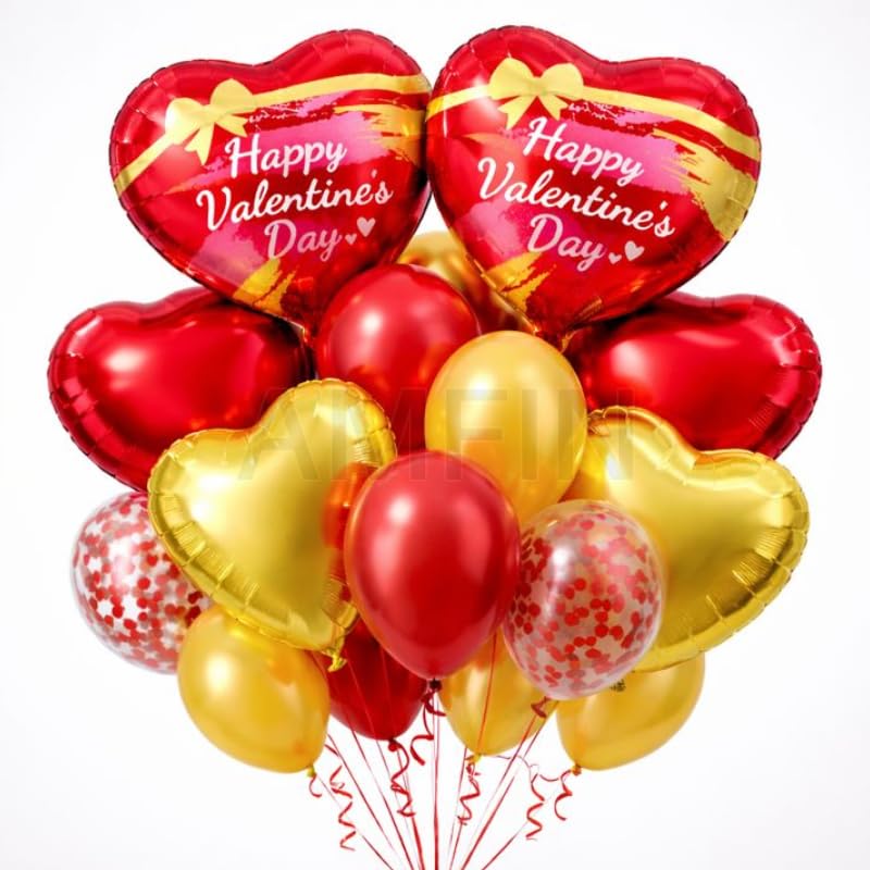 Image of AMFIN (Pack of 14) Happy Valentine's Day Balloon Decoration Set | Romantic Heart Foil Bouquet Metallic Helium Bunch Proposal Anniversary Celebration Party Decor - Red Gold
