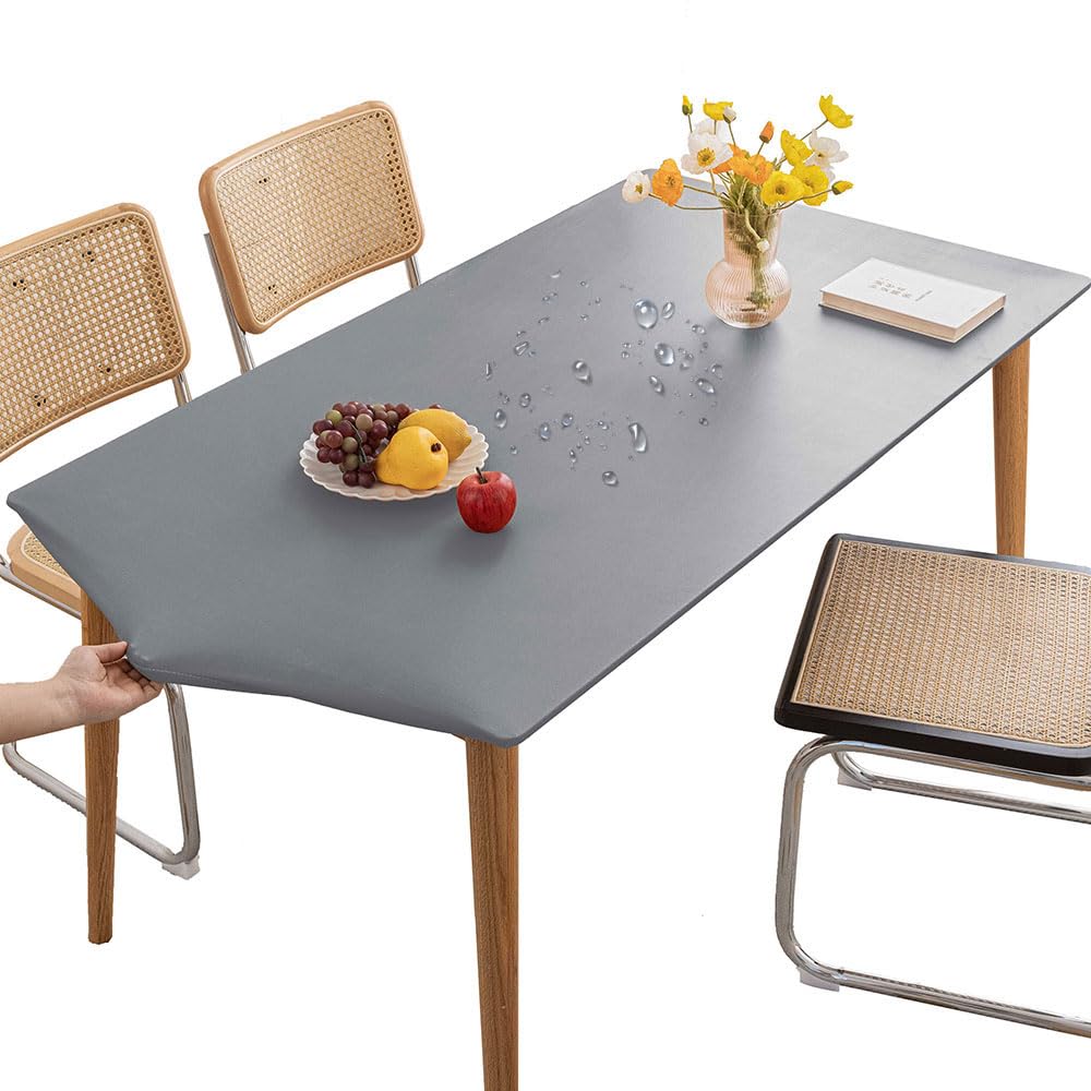 Mateju Rectangular Tablecloth, Rectangle Table Cloth with Elastic Edged Dust-Proof Waterproof PVC Tablecloths Stain Resistant Table Cover Table Decoration Outdoor Indoor (90x150cm,Grey)