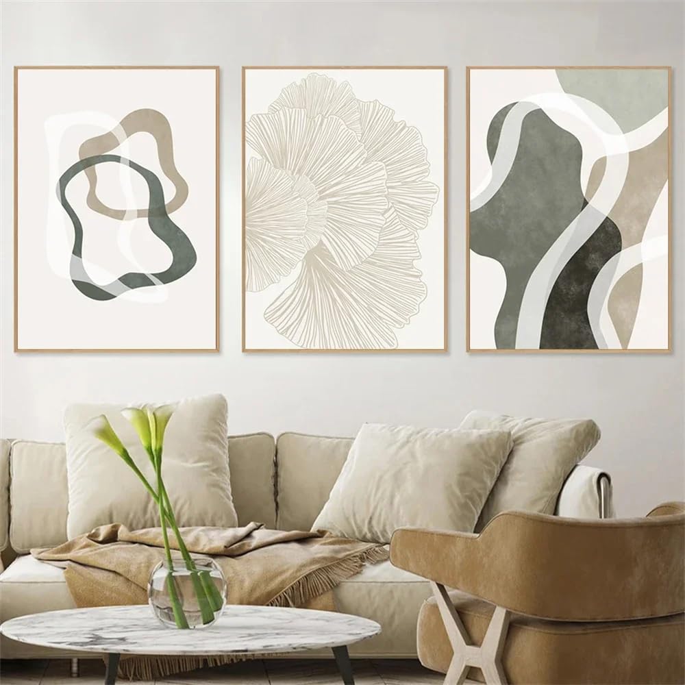 WBYZAC Art Prints-Abstract Boho Ginkgo Leaf Pastel Green Grey Brown Beige Line Wall Art Canvas Painting Print Pictures Living Room Home Decoration-50 * 60cm*3PCS (No Frame)