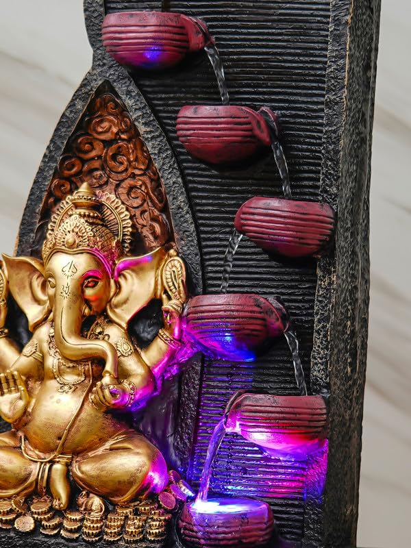 Image of Golden Brown Polyresin Tabletop Ganesha 6 Step Indoor Water Fountain for Home Decor with LED, Speed Control Pump (Size: 37 x 28 x 58 CM | Weight: 3000Gram)