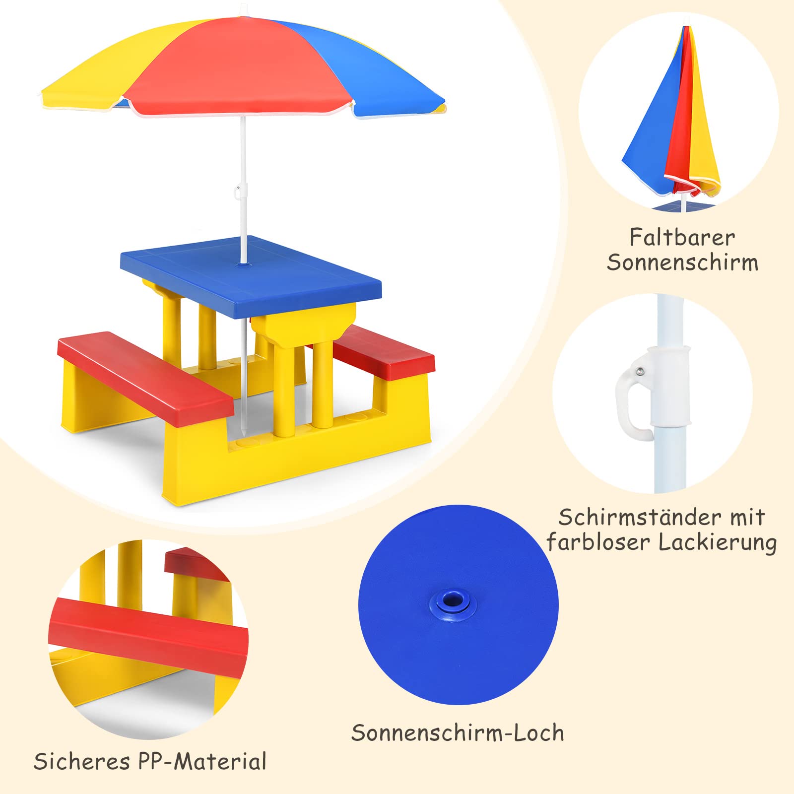 DREAMADE Kindersitzgruppe mit Sonnenschirm, Gartenmöbel für Kinder, Sitzgarnitur, Möbel Set Garten, Sitzbank draußen (Blau+Rot+Gelb)