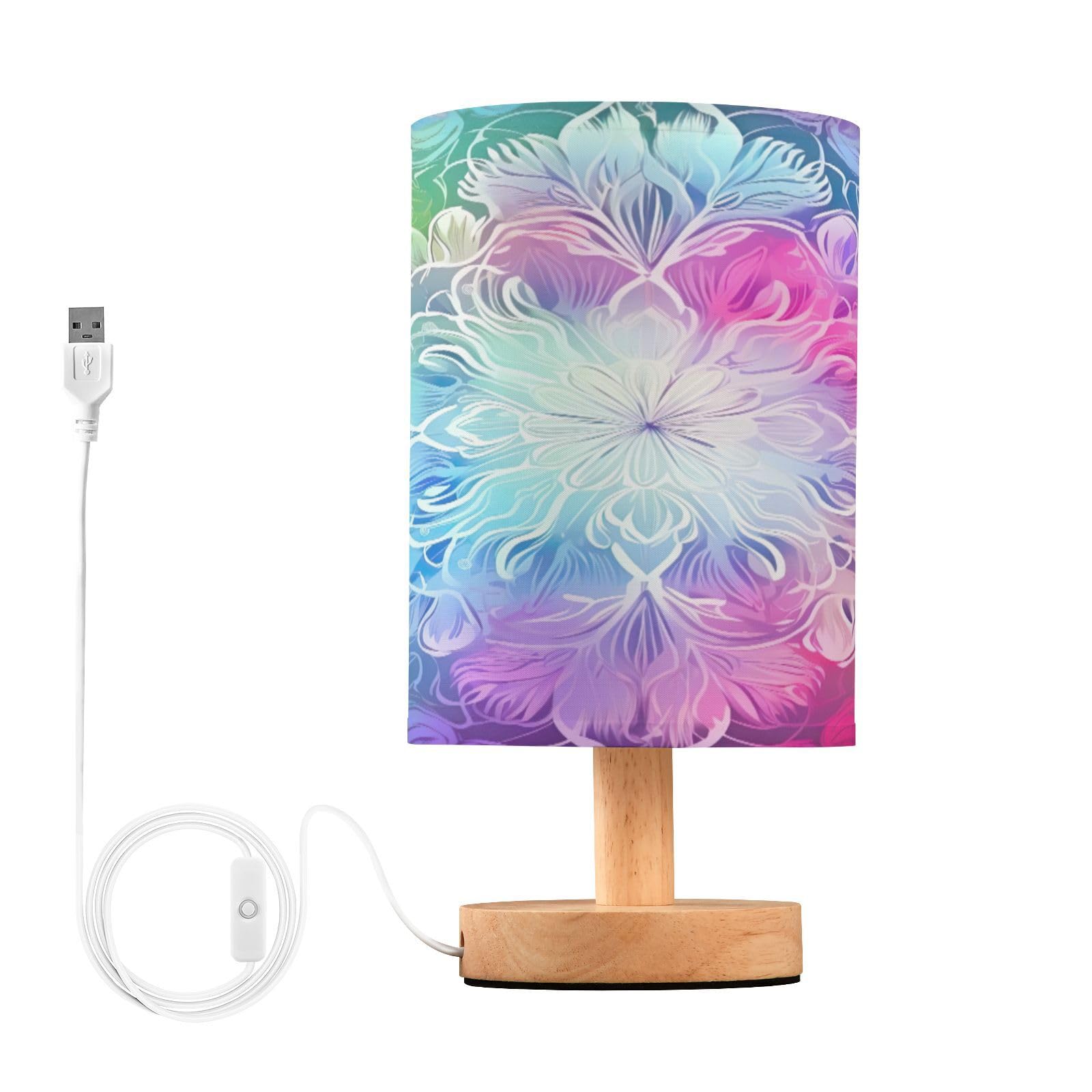 SDMKA Rainbow Flower Mandala Bedside Table Lamp for Bedroom, Minimalist Nightstand Lamp with Round Fabric Shade for Living Room, Office, No Bulb Required
