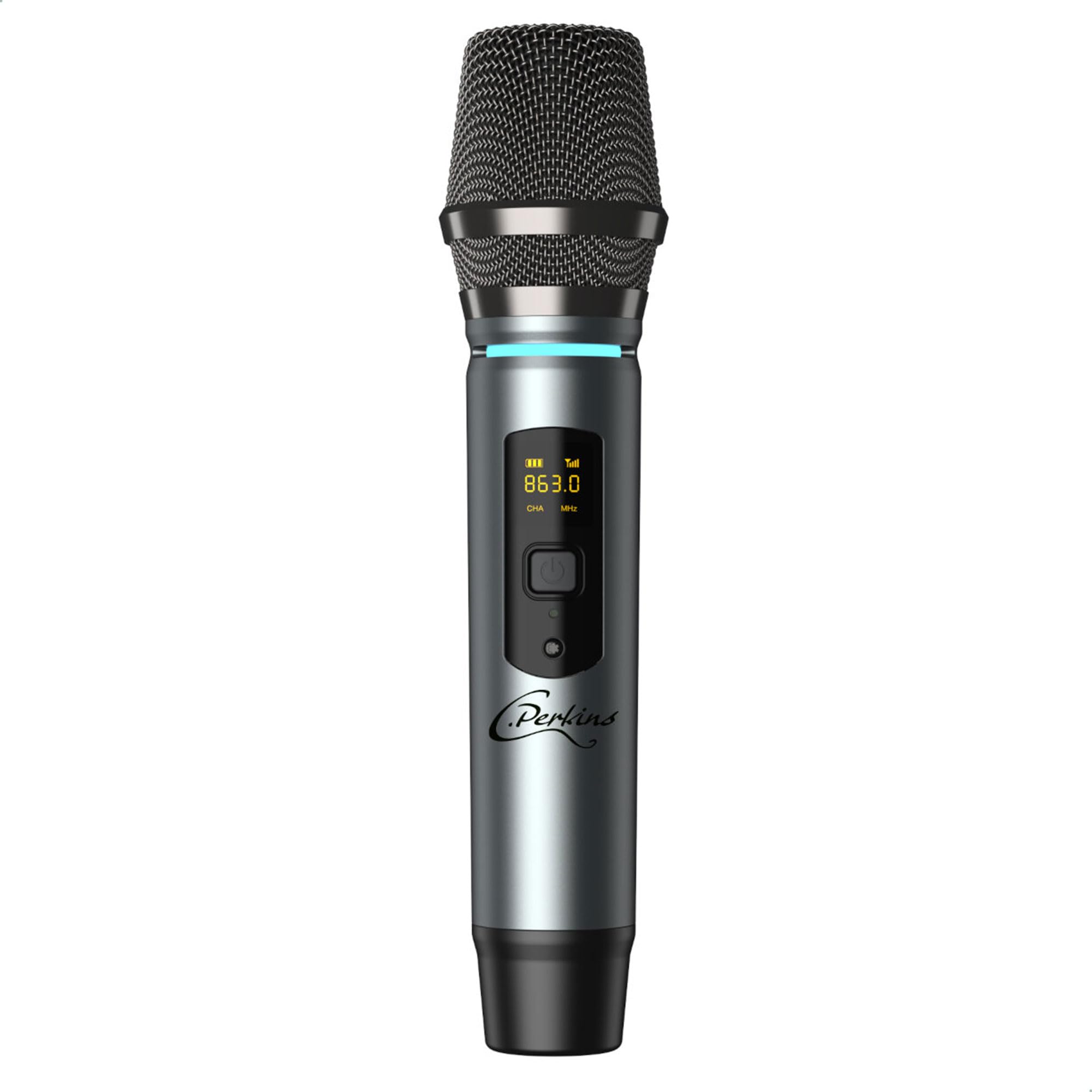 C.Perkins - ROADY-FL-MIC - Microfono palmare professionale senza fili UHF a batteria ricaricabile con display digitale - UHF 863-865MHz - Grigio metallo