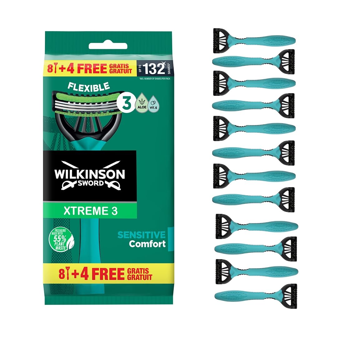 Wilkinson Sword Xtreme 3 Sensitive, Pack de 8 + 4 Maquinillas Desechables con una Banda Lubricante de Vitamina E y Aloe Vera, Óptimas para el Cuidado y Suavidad Facial
