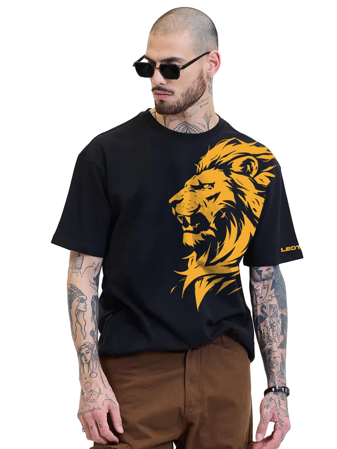 leotude Men Oversized Graphic T-Shirt, Lion Print Cotton Half Sleeve Round Neck Casual T-Shirt for Men's (Color : Black)-picture-14