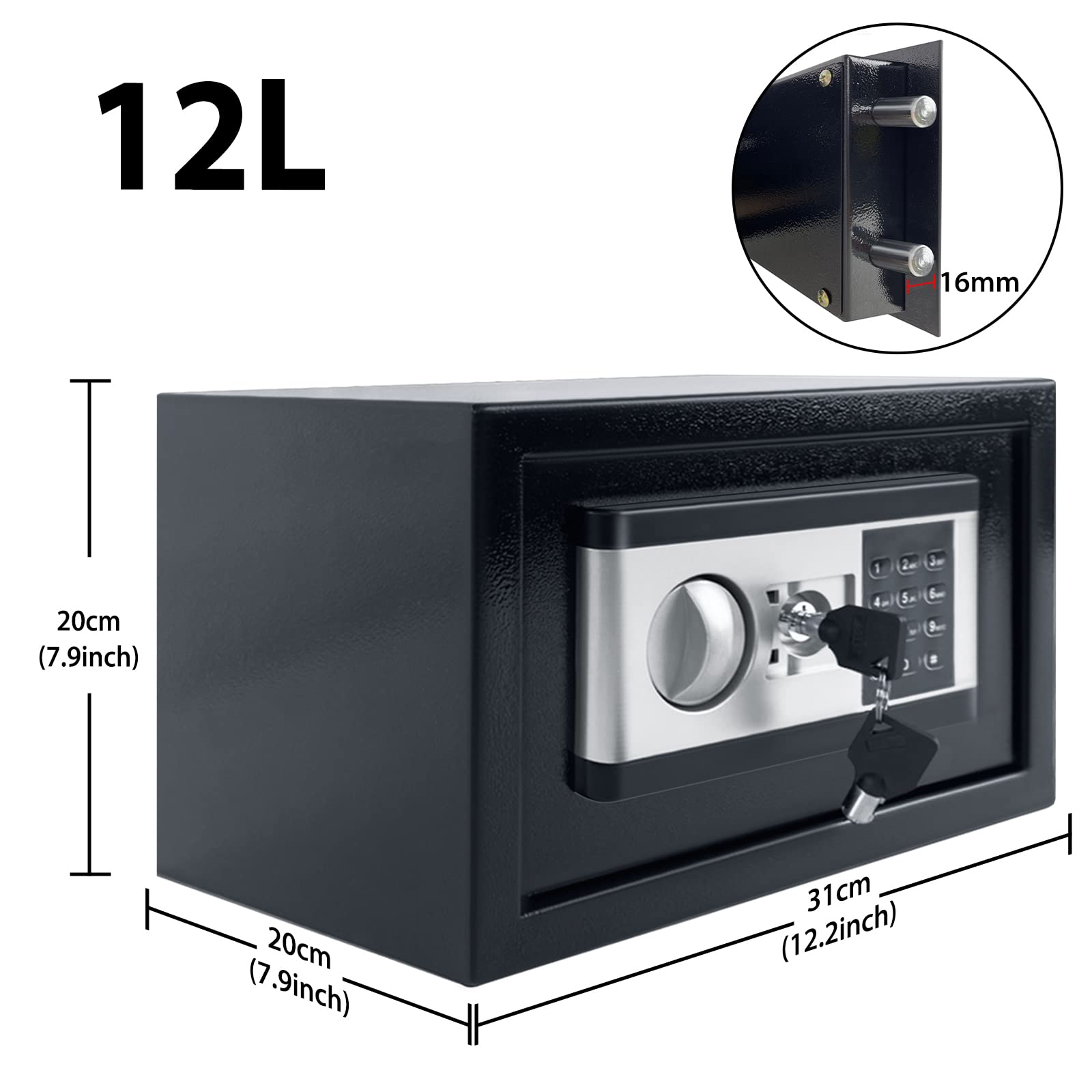HENGMEI Cassaforte elettronica, 12 l, cassaforte da parete, cassaforte per mobili, ignifuga, impermeabile, con serratura a combinazione e chiave, 31 x 20 x 20 cm