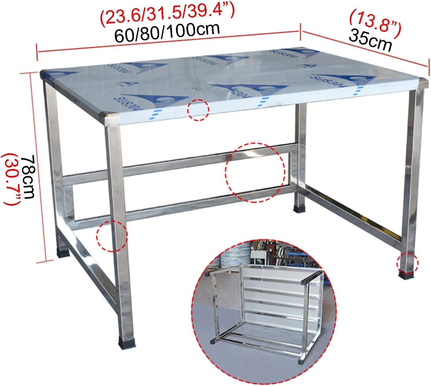 Single-Tier Commercial Kitchen Prep Table Stainless Steel Work Countertop Worktable Non-Slip Wear-Resistant Feet Worktable Factory Packing Table Height 78cm(60x35x78cm/23.6x13.8x30.7”)