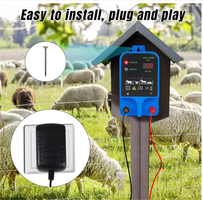 Anosuwa 12V Weidezaungerät, Ladegerät für Elektrozaun, 2 Joule/10,5kV Elektrozaun für 2 bis 10KM, Plug-in-Elektrozaun-Stromversorgung für Geflügel, Vieh, Haustiere, Steuergerät zum Schutz von Gärten