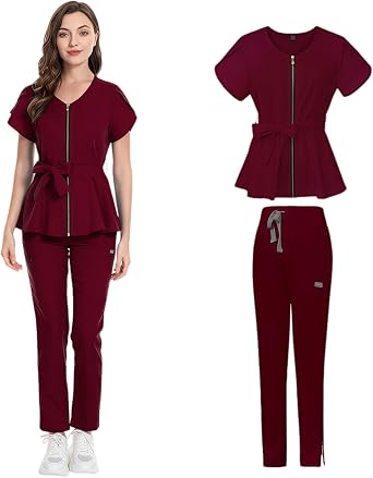 Womens Scrub Set V-Neck Top & & Pants with Zipper Drawstring Pants,Easy Care Uniforms