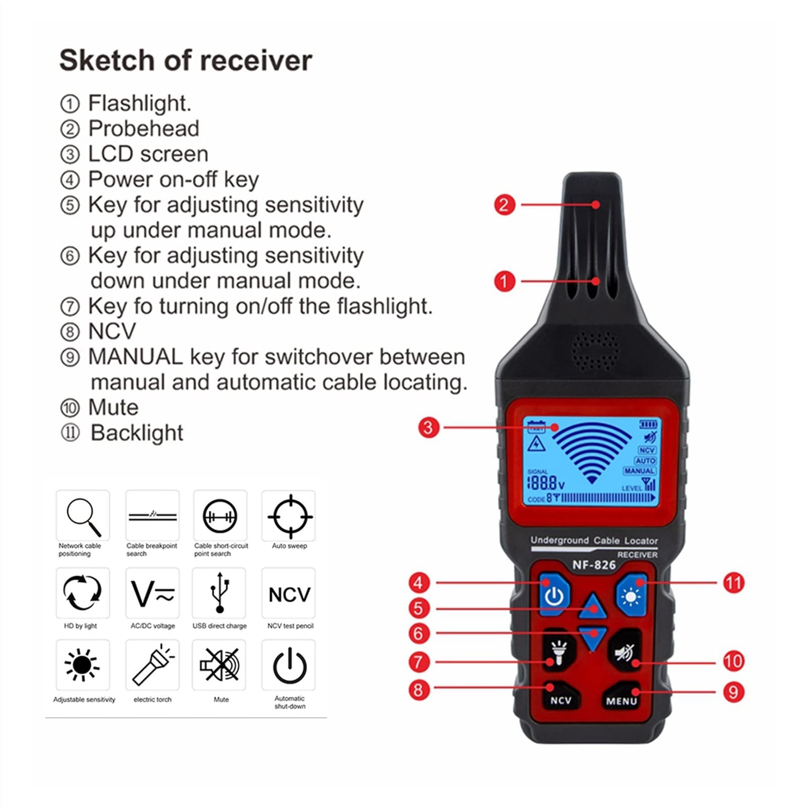 Probador de fibra, Tracker Wire Tracker Tracker Portátil Líneas telefónicas Localizador Localizador de cables subterráneos Detector Finder profesional Cable NF-826,Multifunción